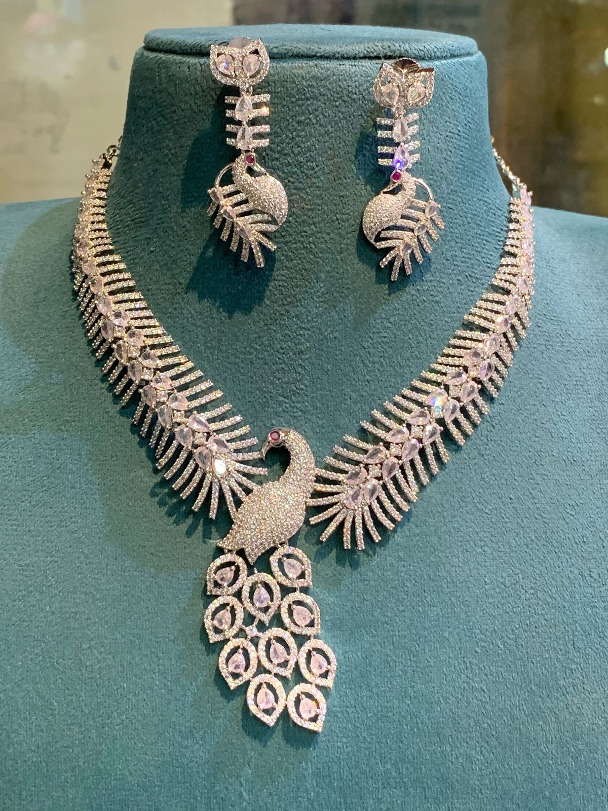 Unique Silver Finish CZ Stone Peacock Necklace Set with Earrings- Pink, Mint, Blue, White