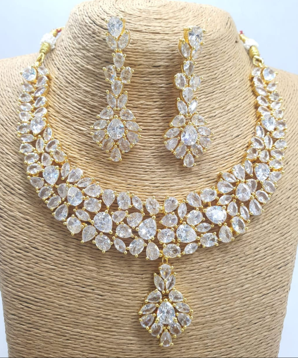 Party Wear Premium Gold FInish CZ Stone Necklace Set With Earrings
