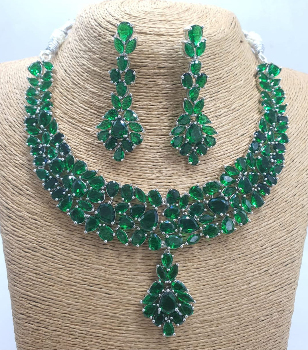 Party Wear Silver FInish CZ Stone Necklace Set With Earrings
