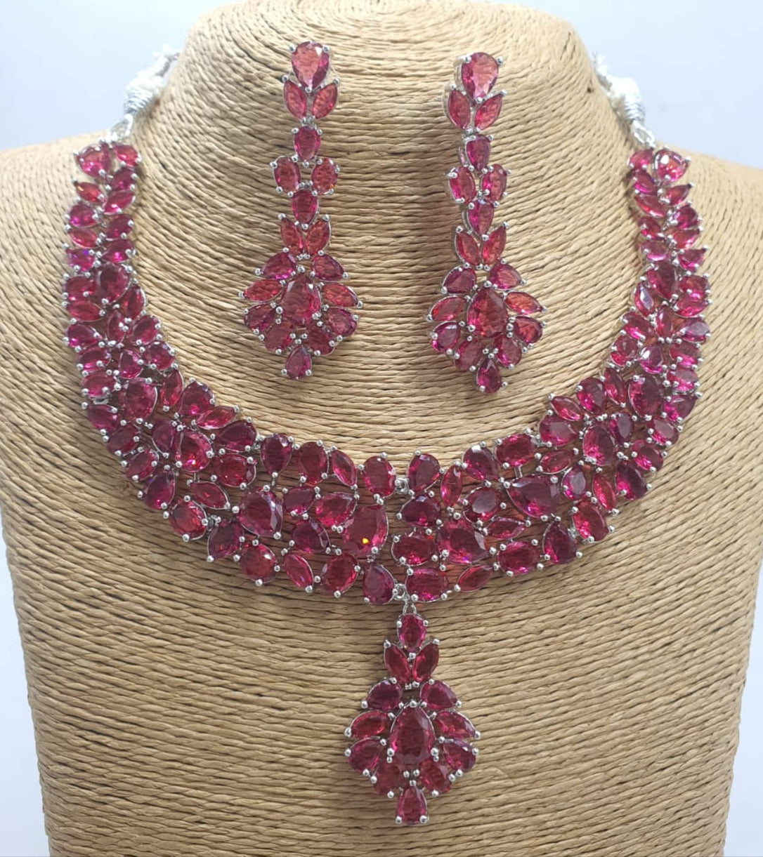 Party Wear Silver FInish CZ Stone Necklace Set With Earrings