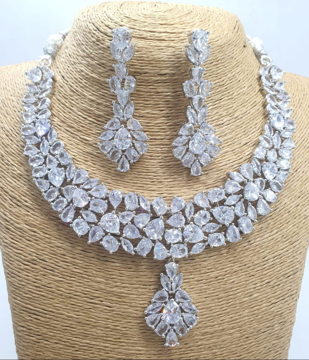 Party Wear Silver FInish CZ Stone Necklace Set With Earrings