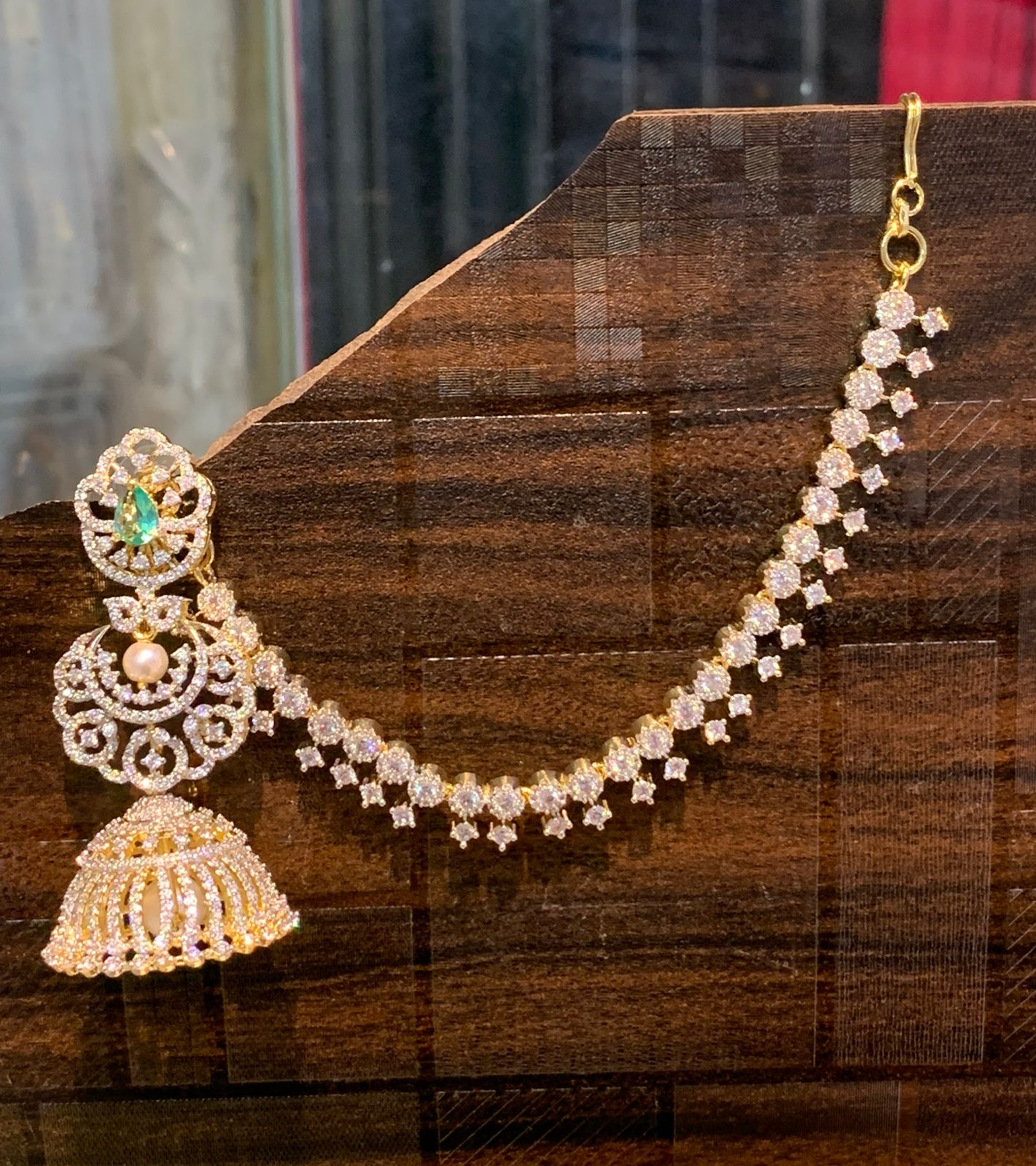 Partywear CZ Stone Premium GJ Polish Jhumka Earrings WIth Earchains - 1 Pair