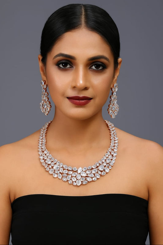 Partywear Sparkling CZ Stone Necklace Set With Earrings - Rose Gold