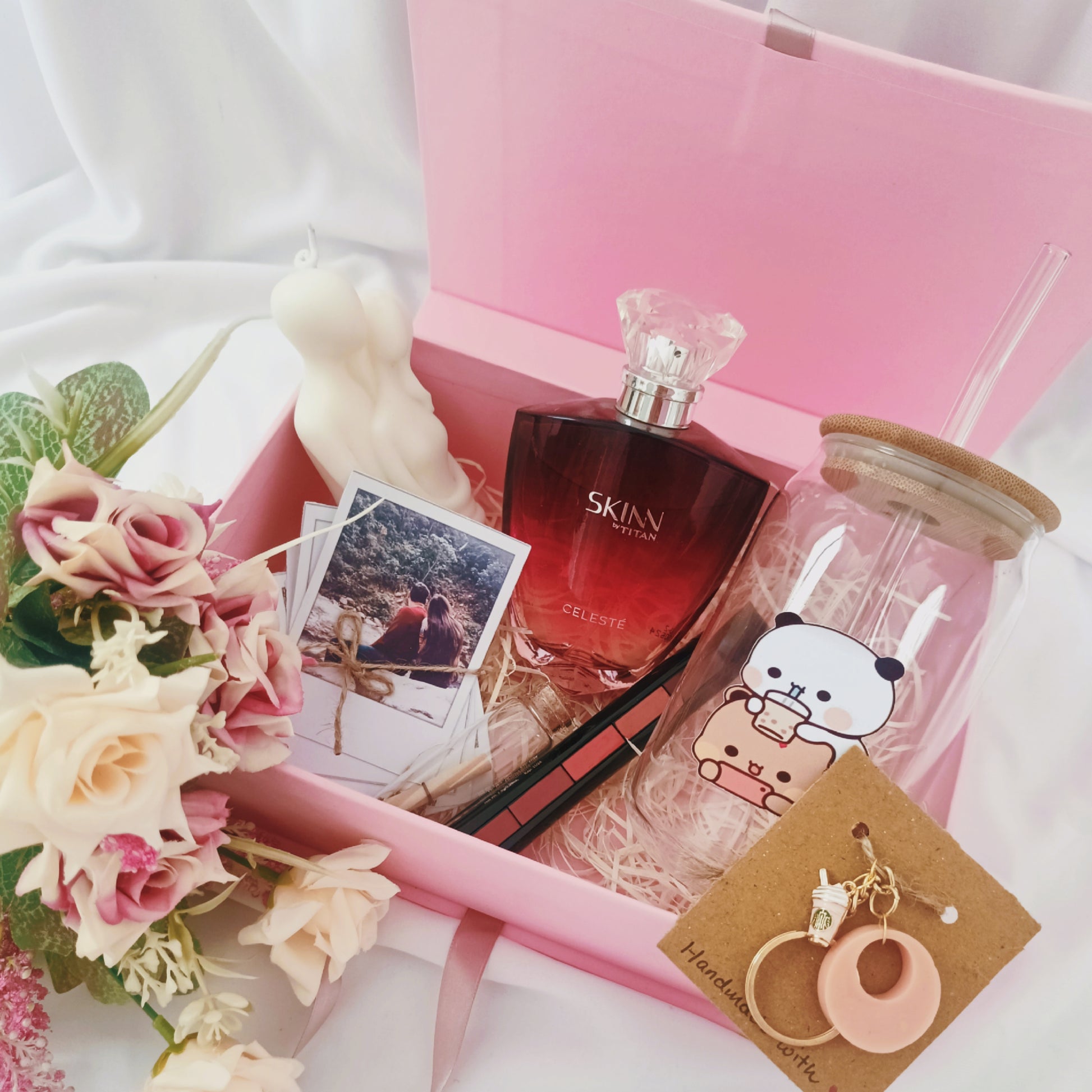 Happishades Valentine's Day Special Gift Hamper | Perfect Gift for Her | Customisable Gift Hamper | Hamper contains Perfume, Couple Candle, Keychain, Lip Colour, Polaroid Photos, Custom Printed Glass Tumbler