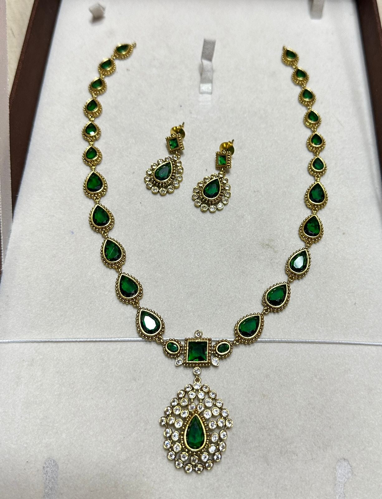 Premium AD Stone Emerald Green Necklace Set With Earrings