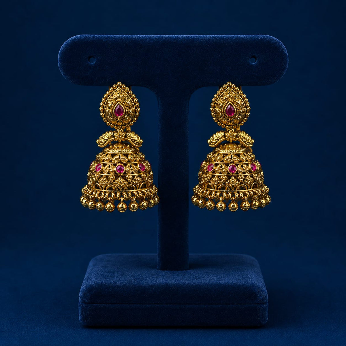 Premium Antique Matte Temple Jhumkas With Green Bead Drops