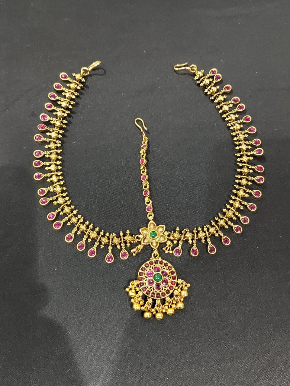 Premium Bridal Antique Finish Traditional Kemp Stone Mathpati Tikkas