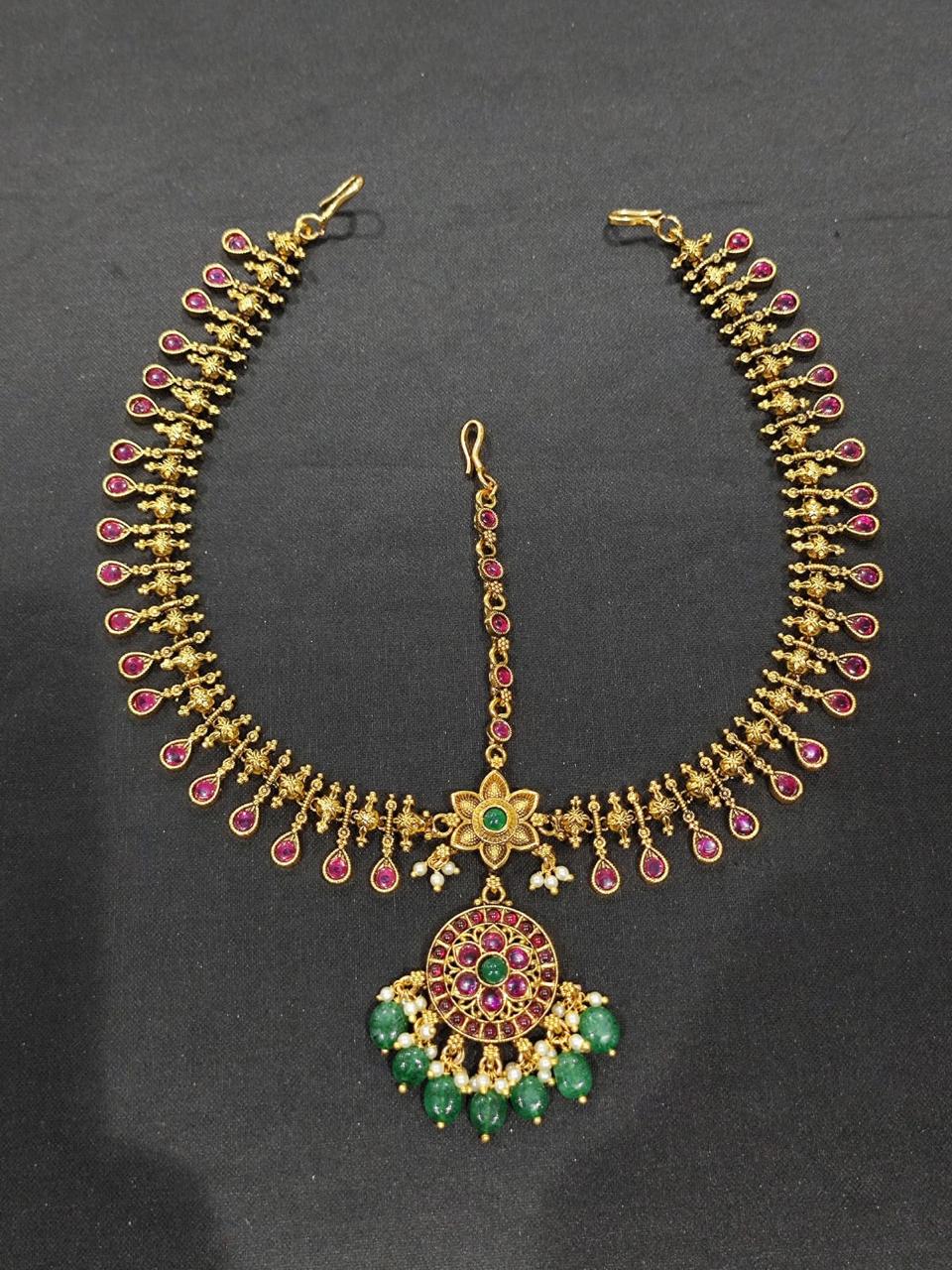 Premium Bridal Antique Finish Traditional Kemp Stone Mathpati Tikkas