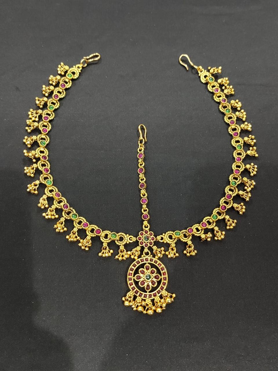 Premium Bridal Matte Finish Traditional Mathpati Tikkas- Temple Jewelry