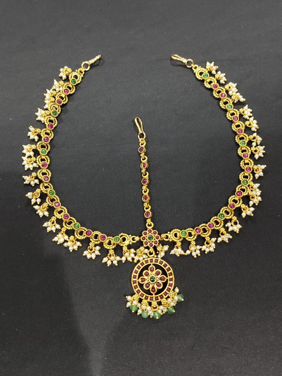 Premium Bridal Matte Finish Traditional Mathpati Tikkas- Temple Jewelry