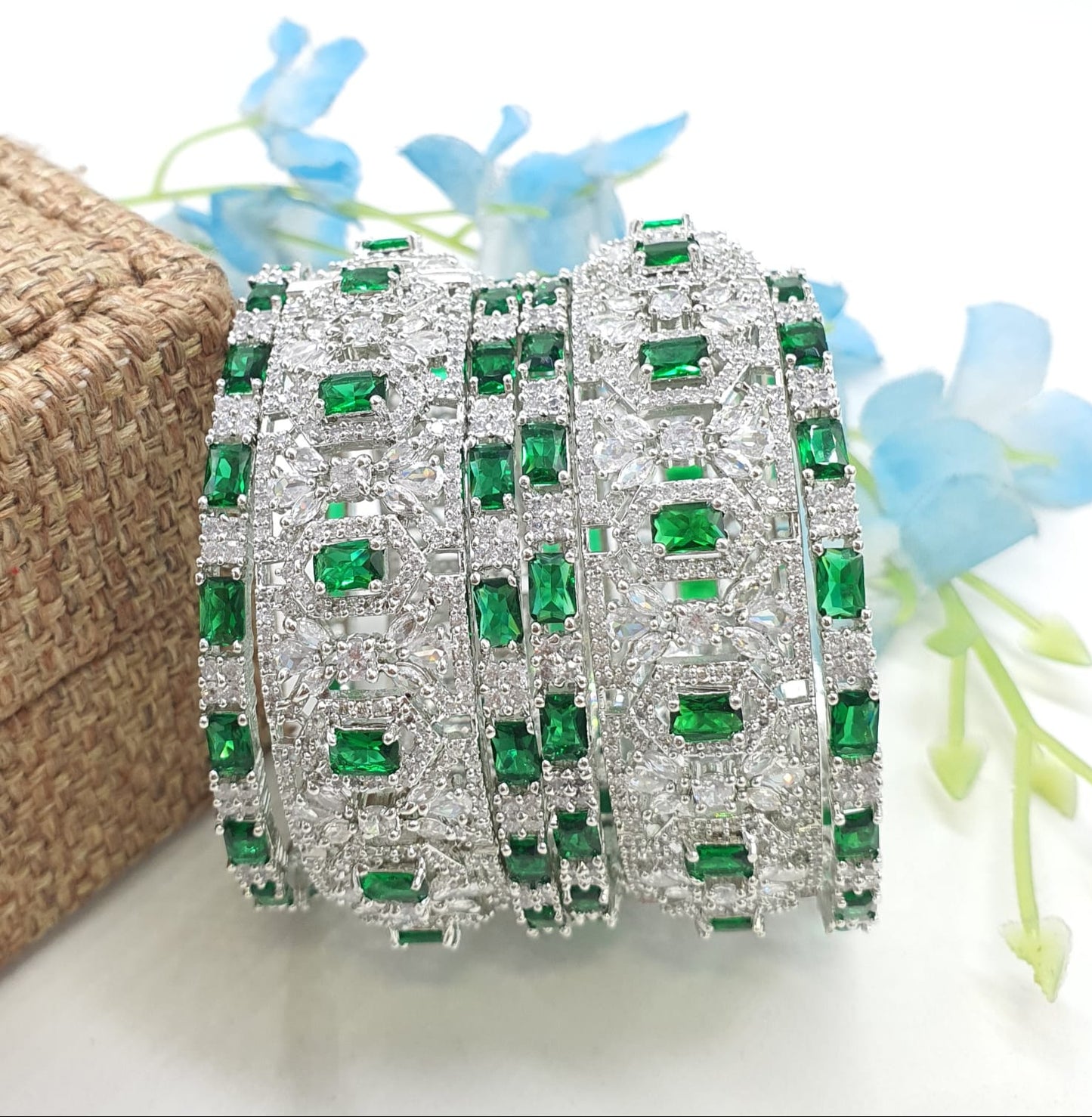 Premium Designer CZ Stone Party Wear Openable Kada Bangles - Silver Finish - 6 Pieces