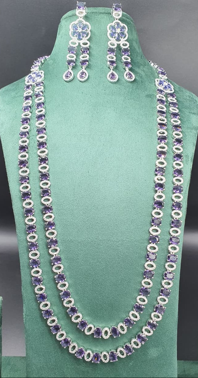 Premium Grand Party Wear Double Layer Necklace Set With Earrings - Silver Finish