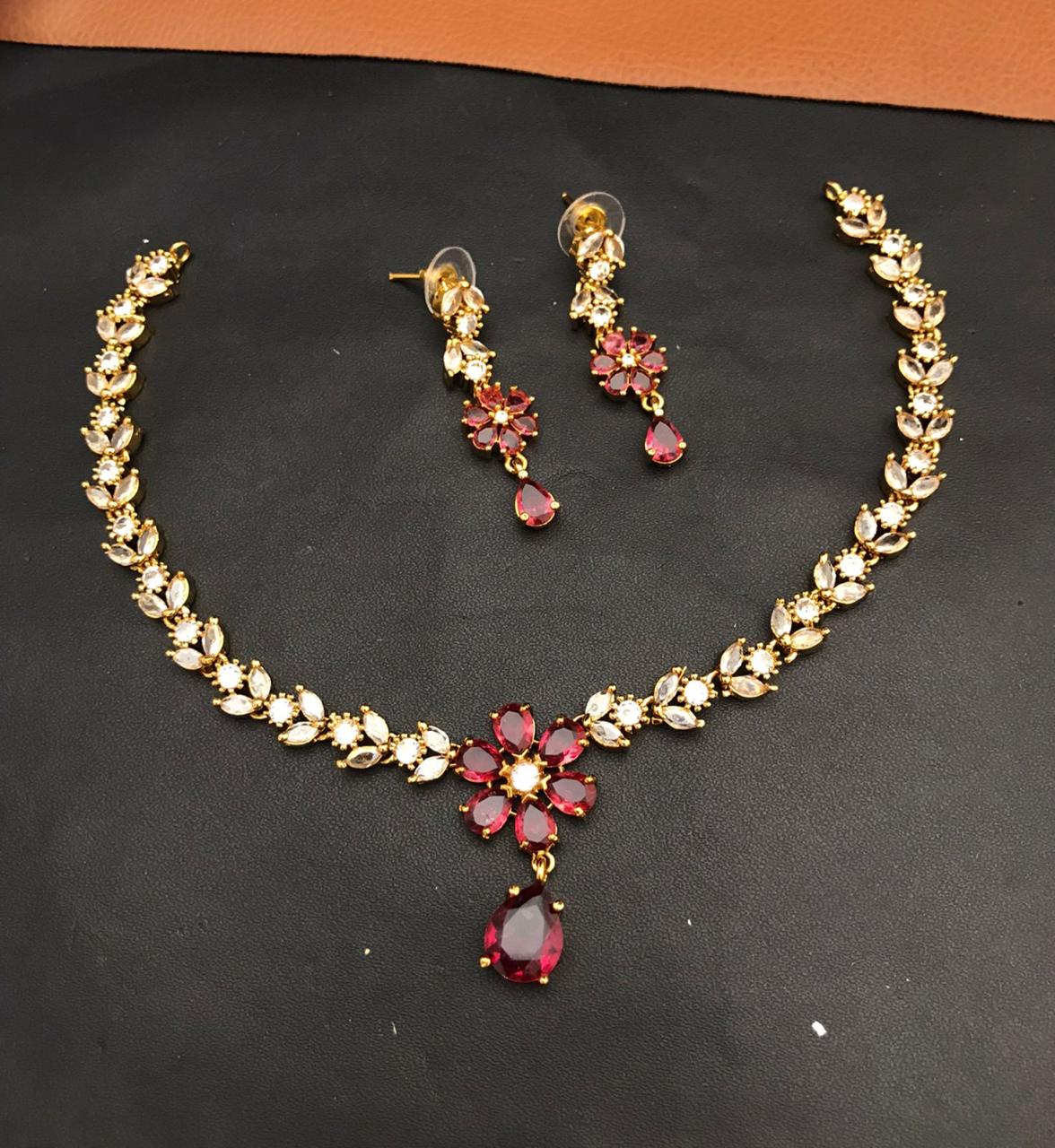 Premium Quality Gold Finish CZ Necklace Set With Earrings - Flower Motif