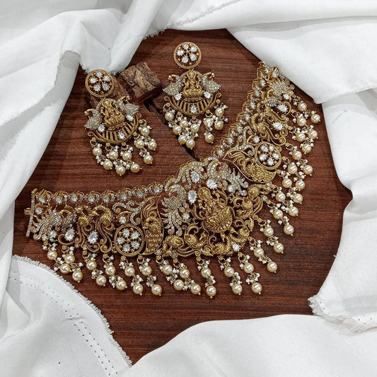 Premium Quality Matte Antique Choker Necklace Set With Earrings - Lakshmi Motif