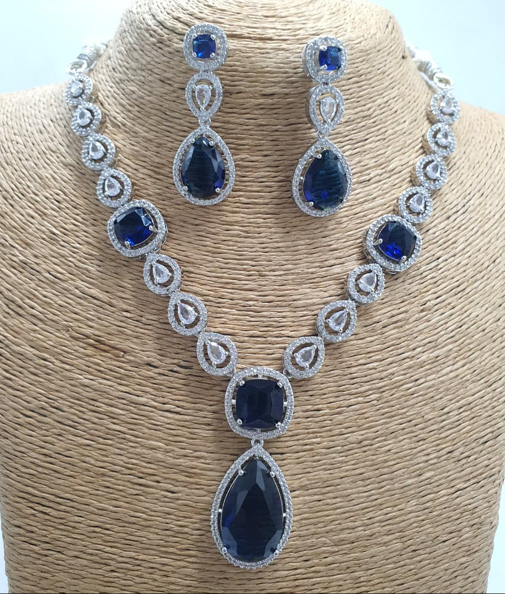 Premium Quality Silver Finish AD Stone Necklace Set With Earrings