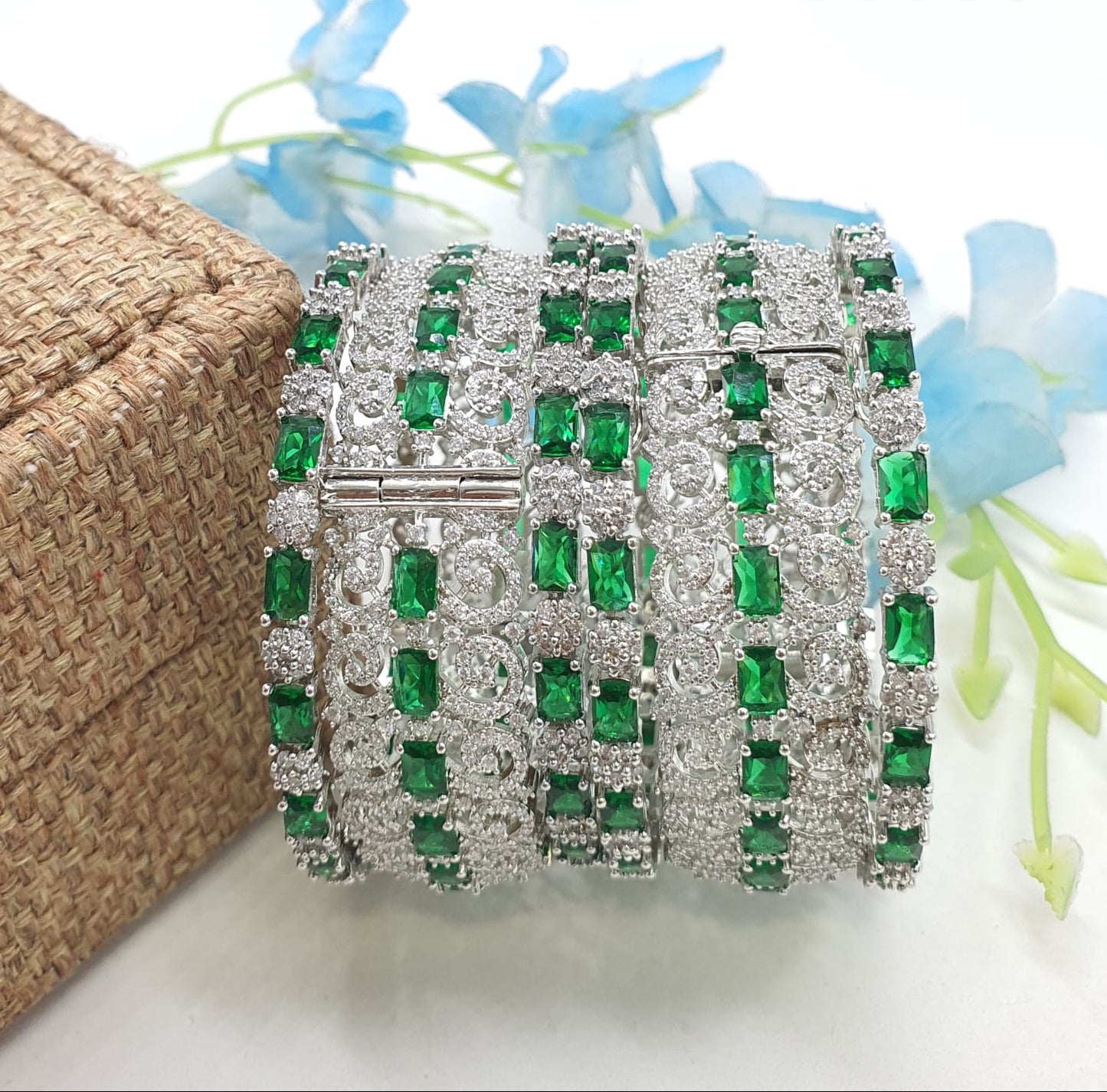 Premium Quality Silver Finish CZ Stone Openable Kada Bangles - 6 Pieces