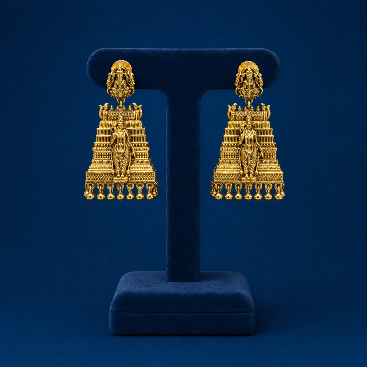 Royal Antique Matte Temple Tower Earrings With Gold Bead Drops - Premium Quality