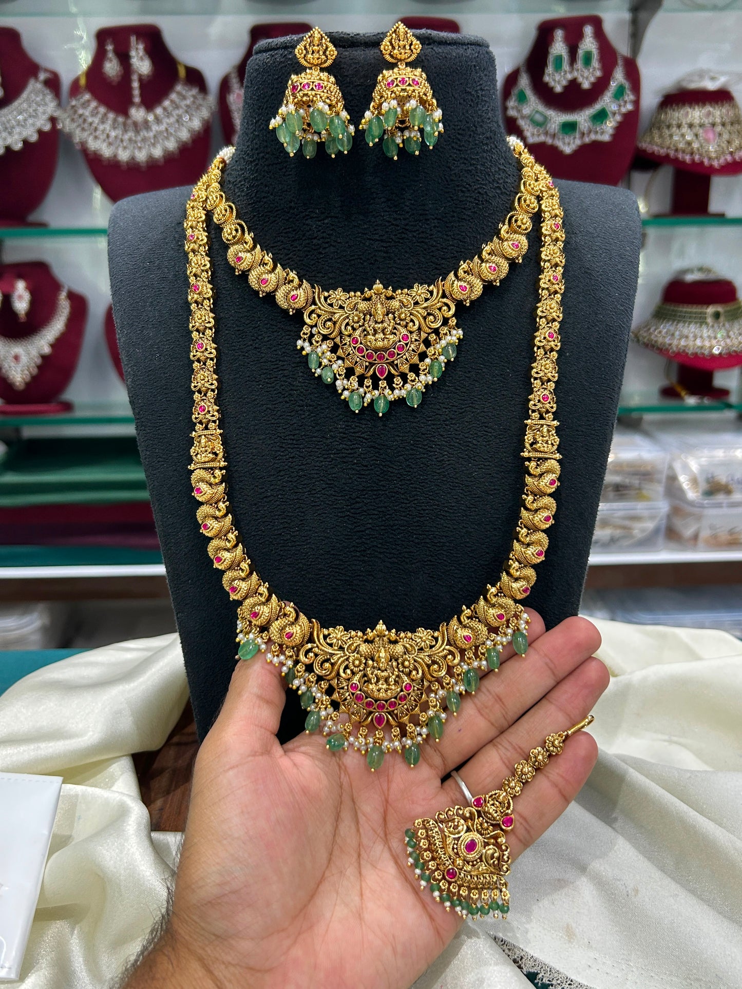 Royal South Indian Temple Jewelry Set: Long Haram, Choker ,Earrings & Maang Tikka