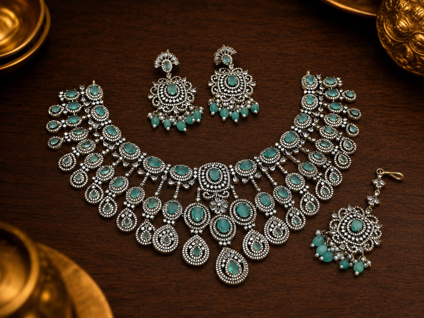 Royal Statement Necklace With Pearl Drop Earrings & Tikka - Premium Quality