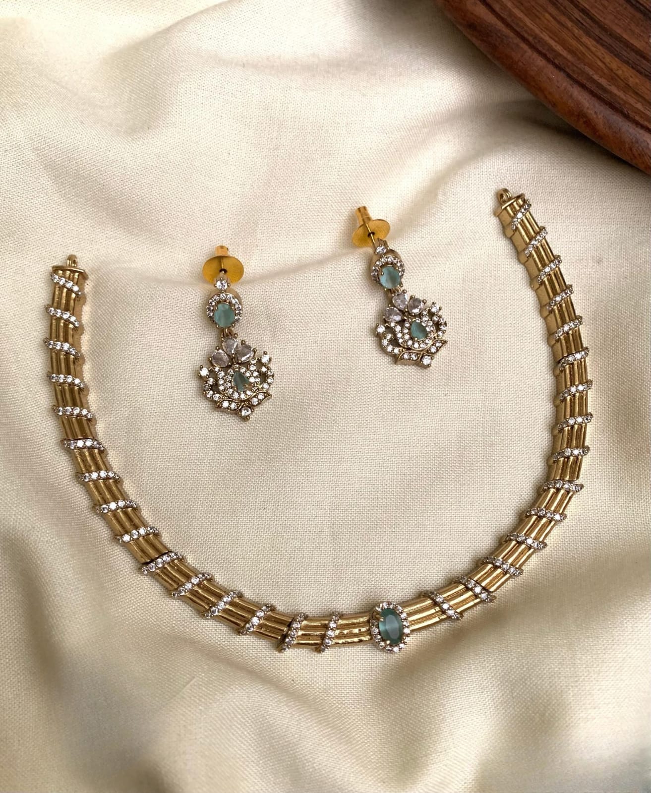 Sparkling CZ Stone Minimalist Necklace Set With Earrings-Antique Gold Finish