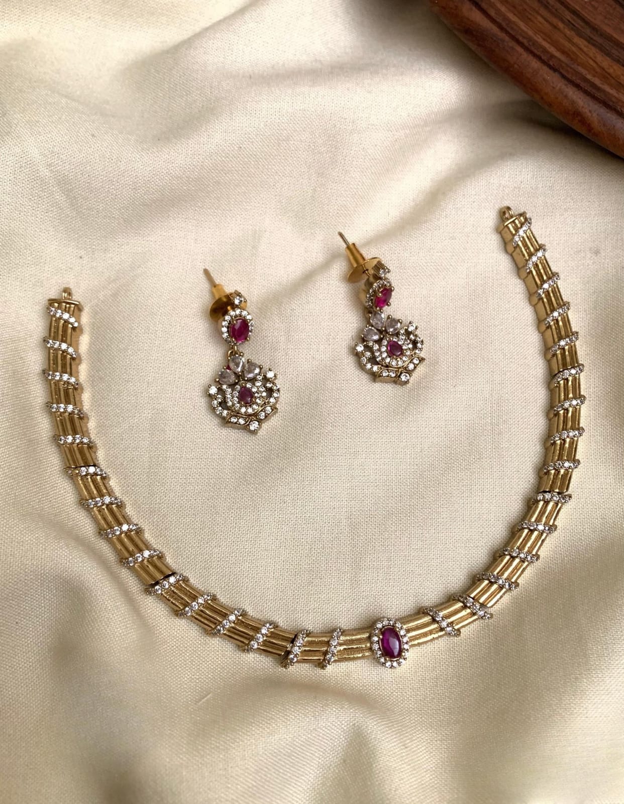 Sparkling CZ Stone Minimalist Necklace Set With Earrings-Antique Gold Finish