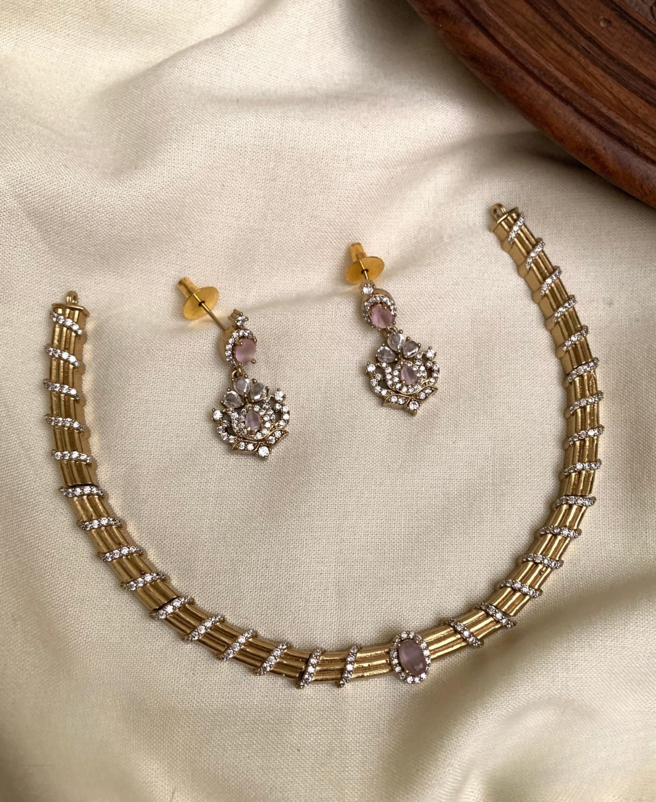 Sparkling CZ Stone Minimalist Necklace Set With Earrings-Antique Gold Finish
