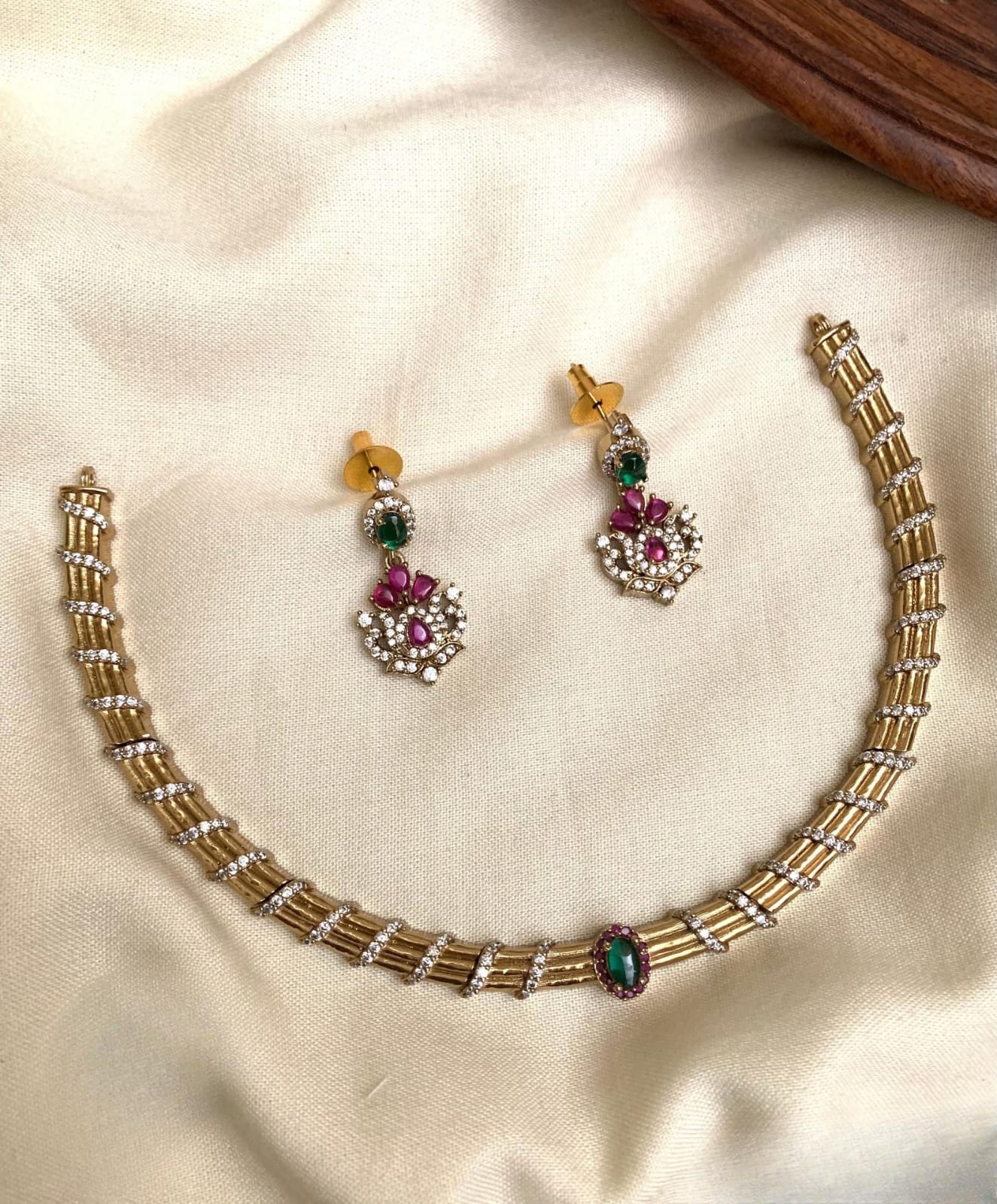 Sparkling CZ Stone Minimalist Necklace Set With Earrings-Antique Gold Finish