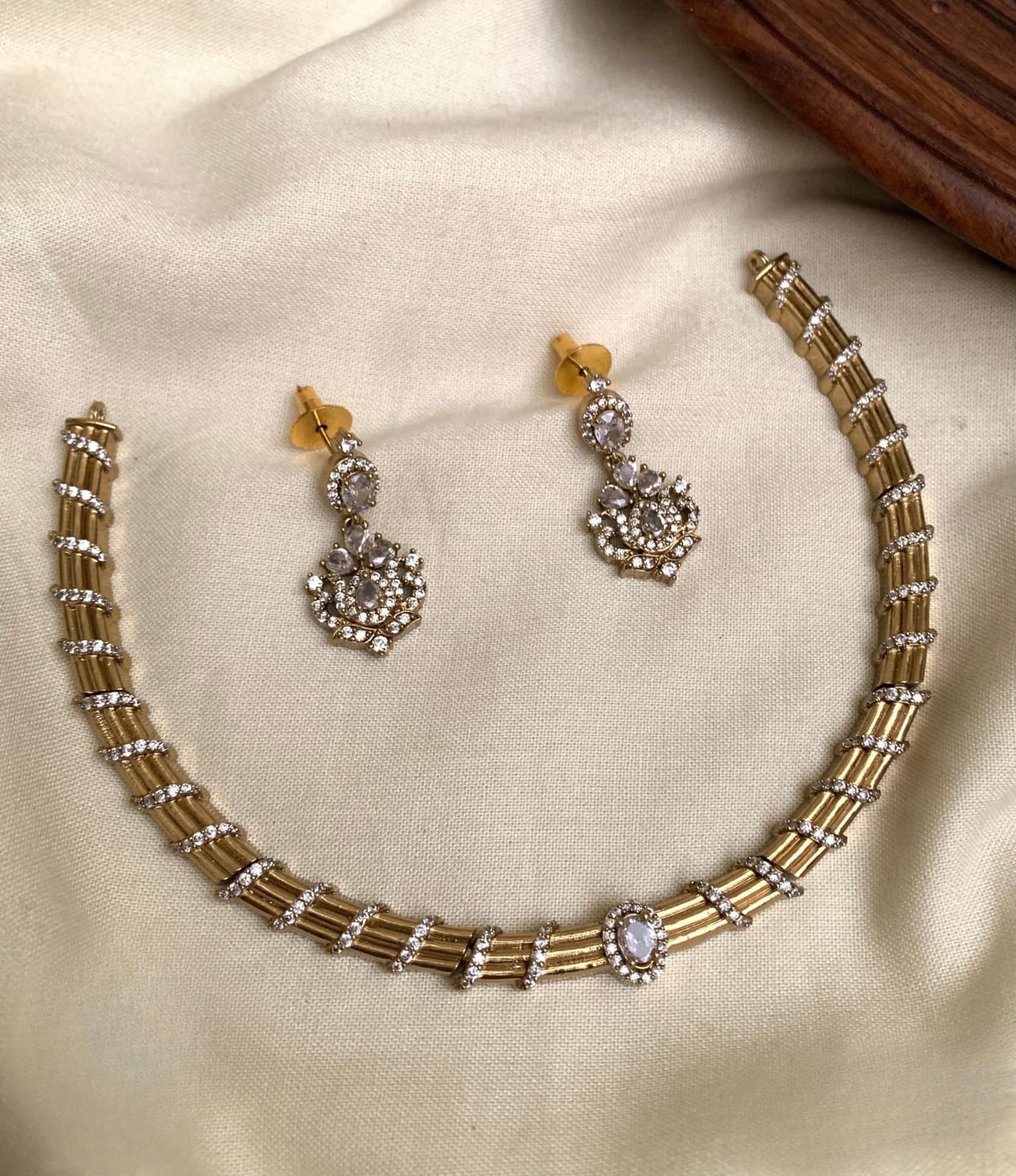Sparkling CZ Stone Minimalist Necklace Set With Earrings-Antique Gold Finish
