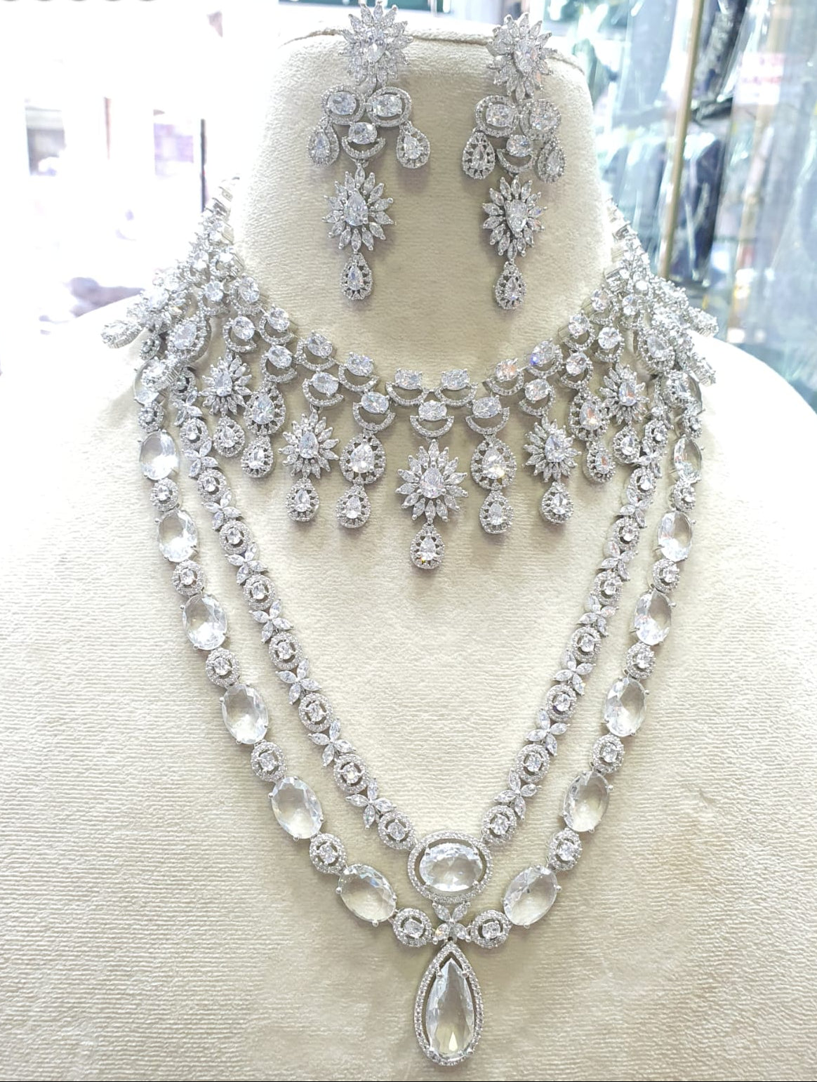 Sparkling Premium Bridal Layered Long & Short Necklace Set With Earrings - Silver Finish