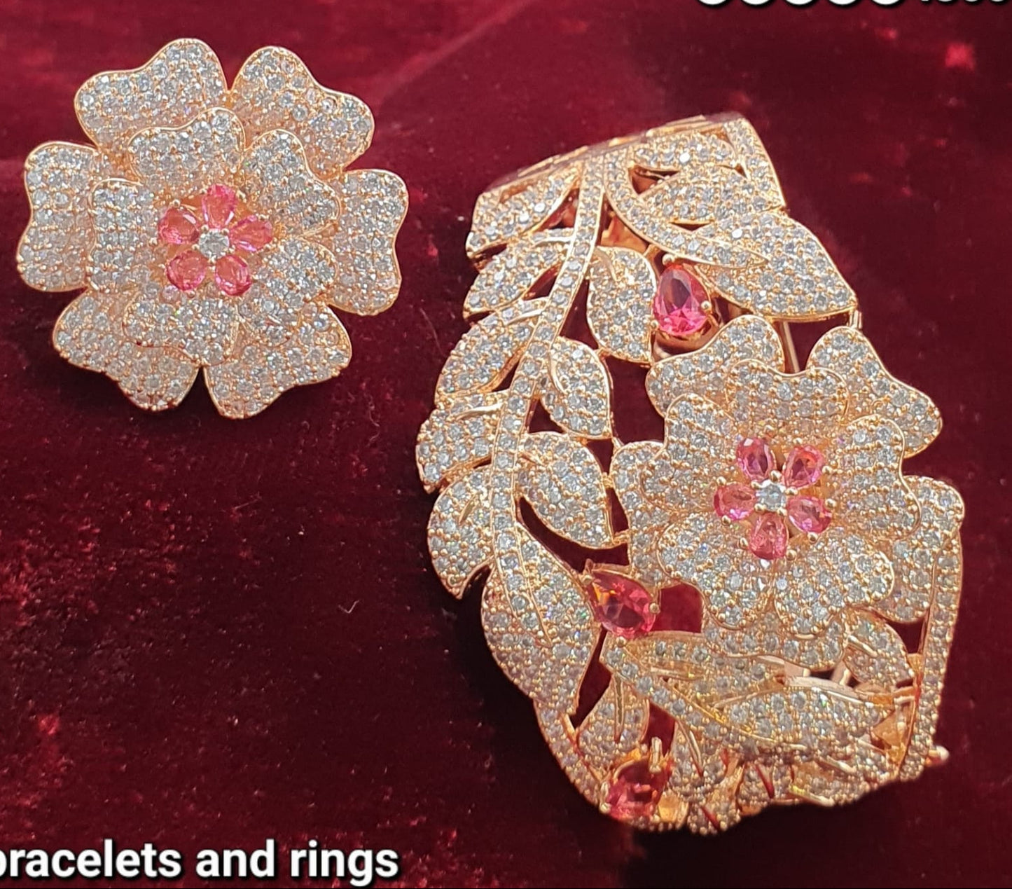 Sparkling Premium RoseGold Floral Bracelet & Ring Set - 1 Piece