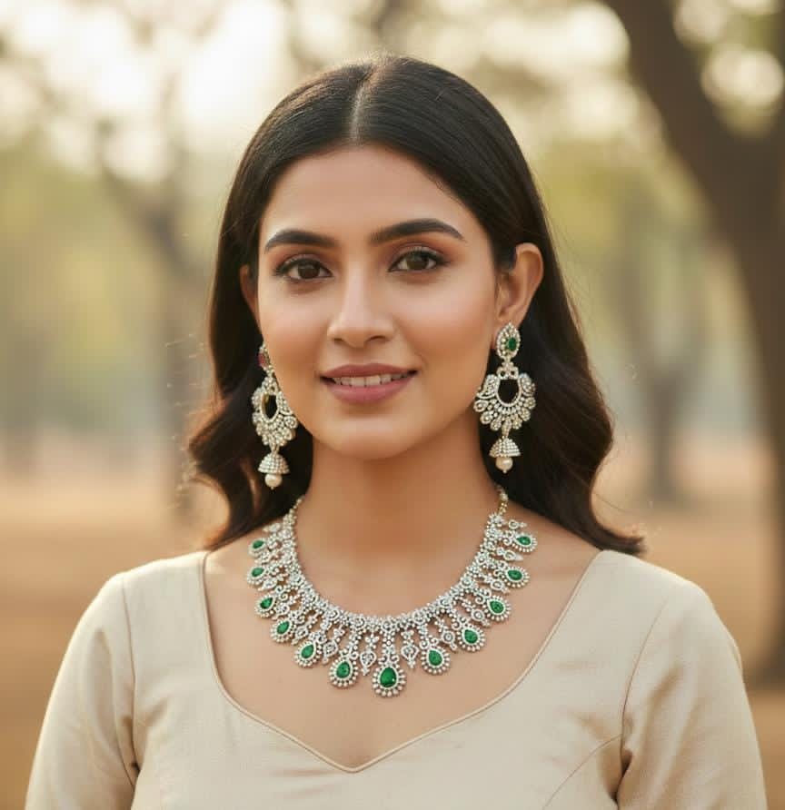 Sparkling Premium Silver Finish CZ Stone Necklace Set With Earrings - Green