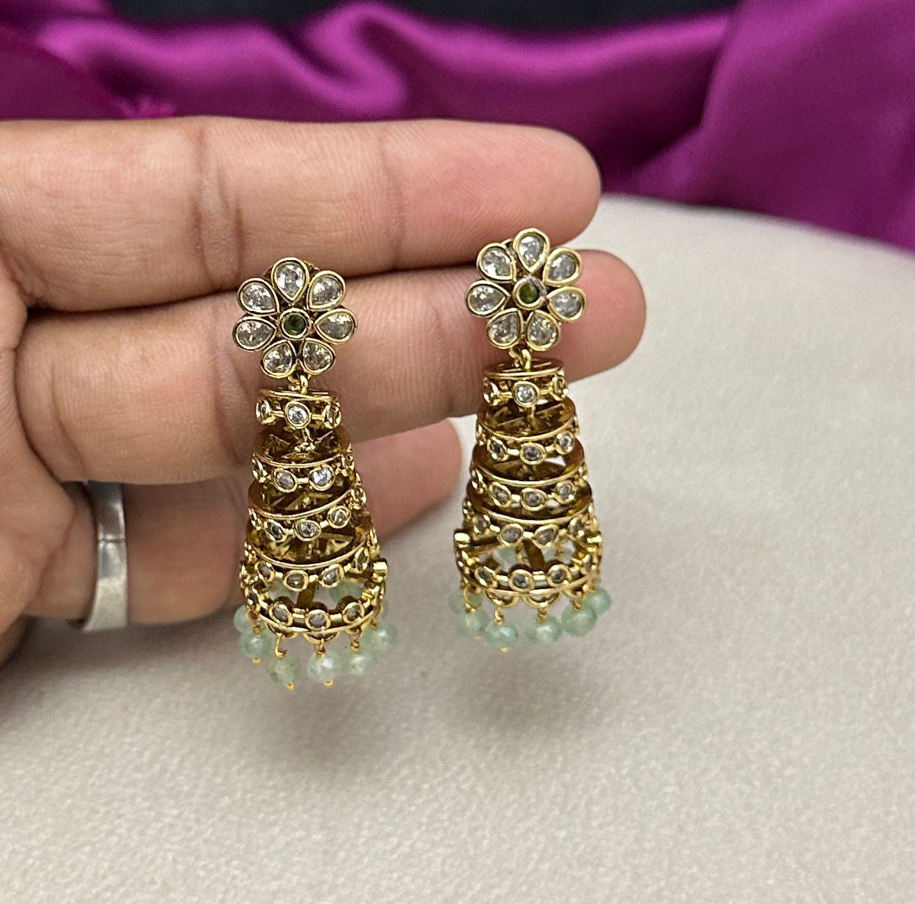 Sparkling Spiral Drop Earrings With Mint Green Beads Drops