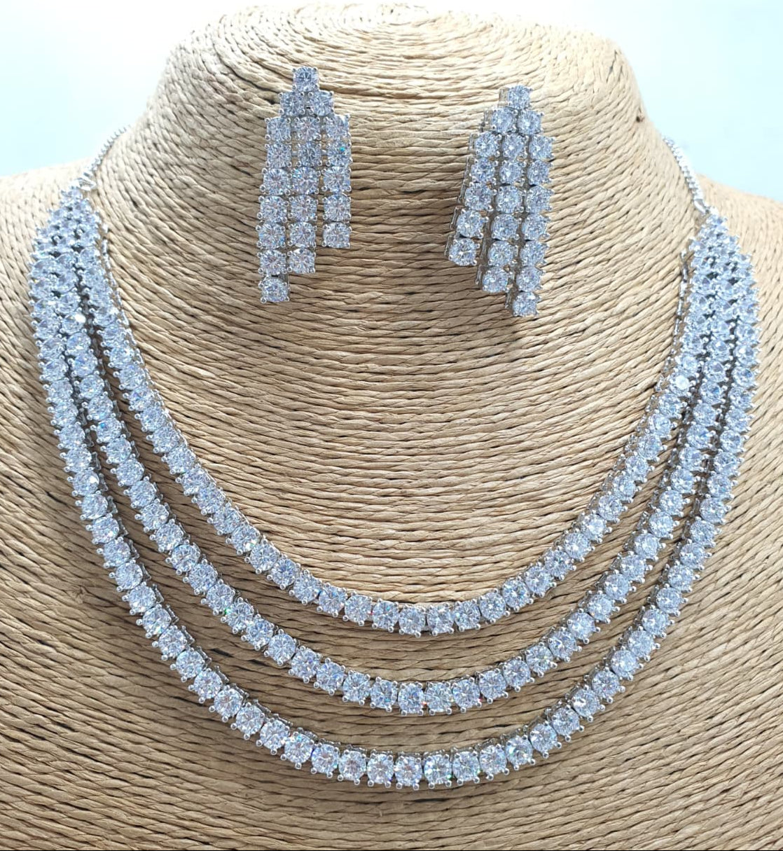Sparkling Triple-Layer CZ Stone Necklace Set With Earrings