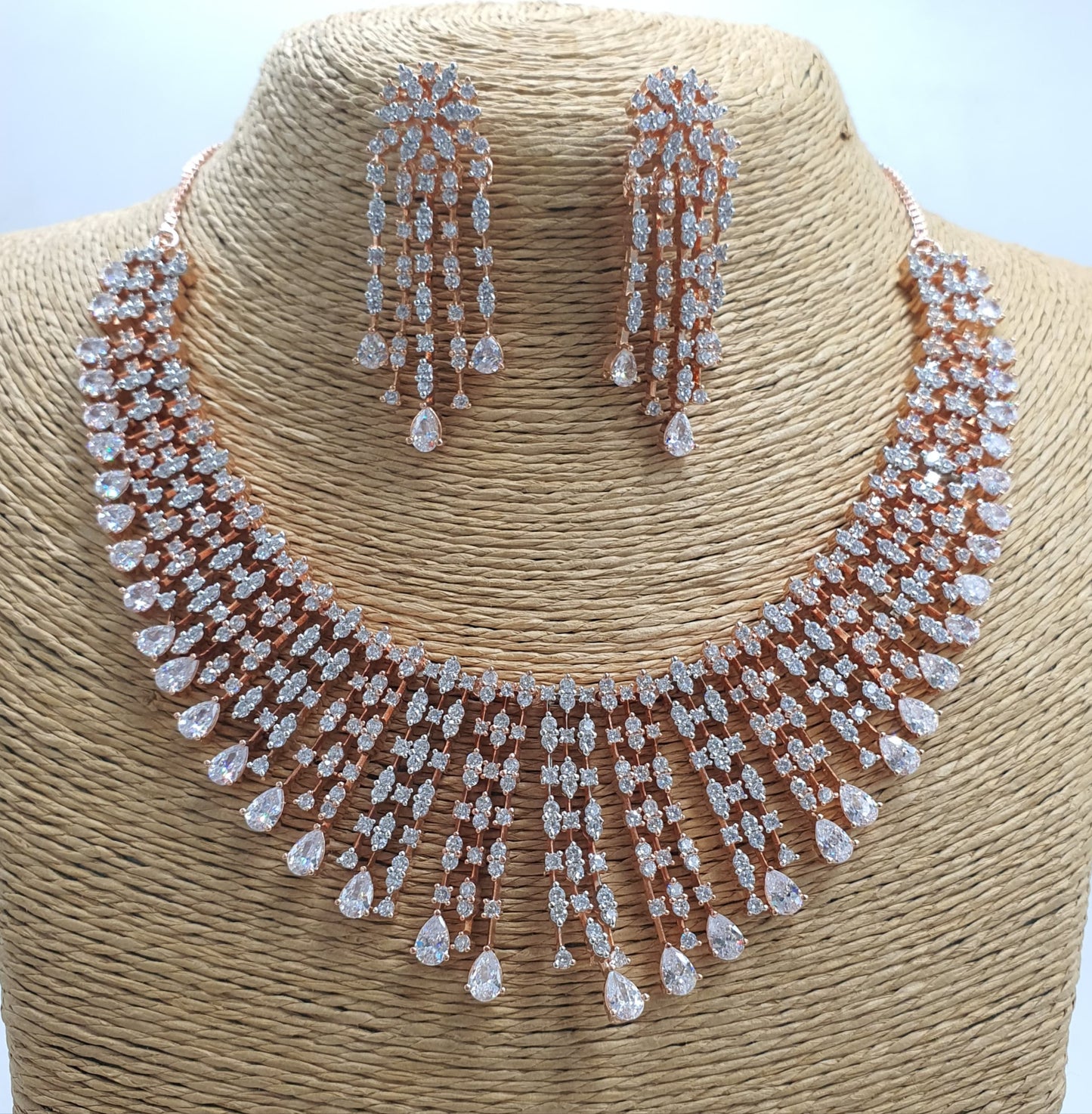 Stylish and Trendy Premium Cz Stone Choker Necklace Set -Rose Gold Polish