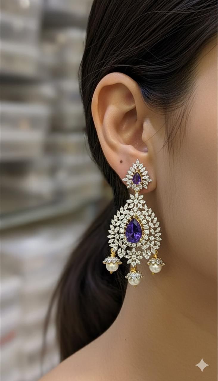 Super-Cute Classy Cz Stone GJ Polish Pearl Drops Jhumkas