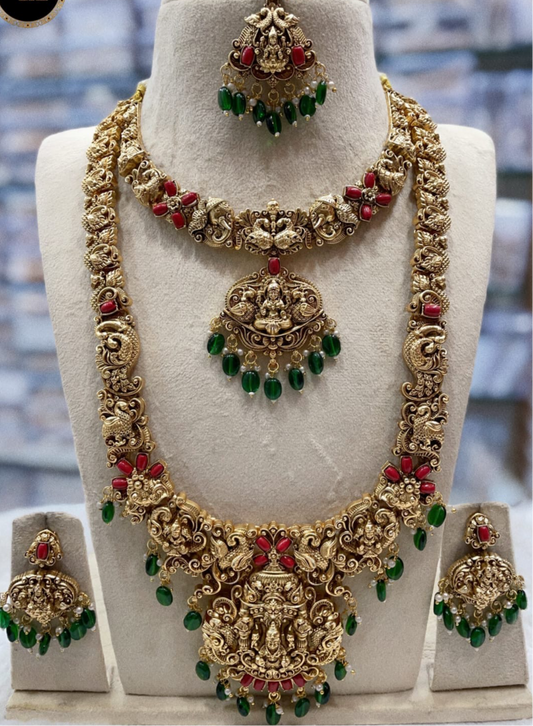 Temple Jewelry -Matte Finish Lakshmi Necklace Bridal Set With Earrings, Hipbelt And Tikka
