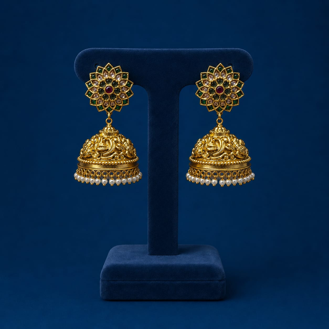 Traditional Antique Matte Finish Flower Motif Jhumka Earrings With Beads