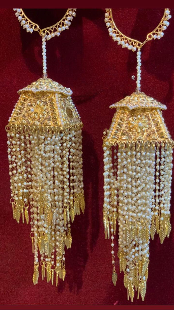 Traditional Dome-Shaped Bridal Kalire With Pearl Beads And Golden Leaf Danglres