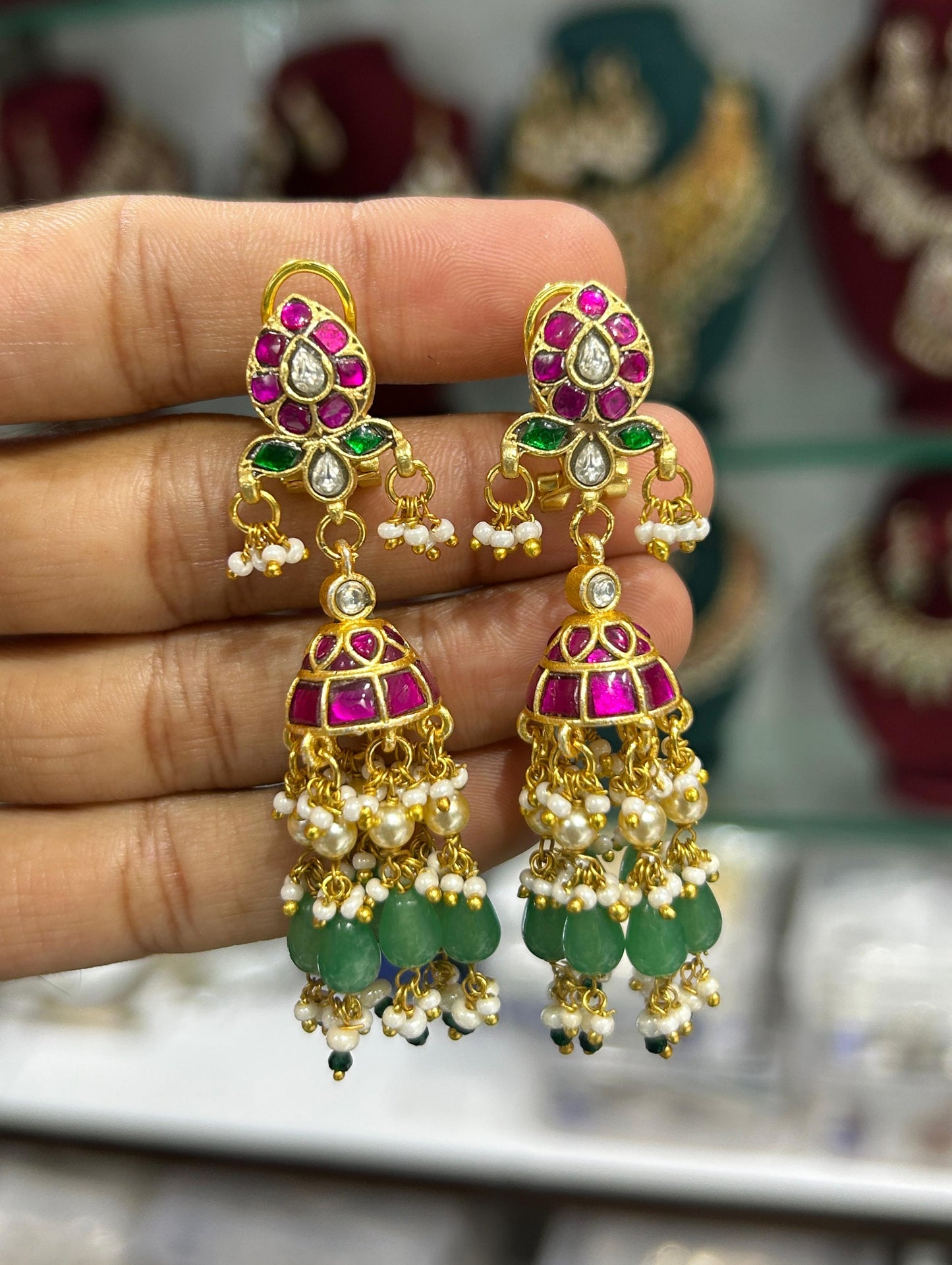 Traditional Kundan Kemp Stone Jhumka Earrings With Pearl Drops
