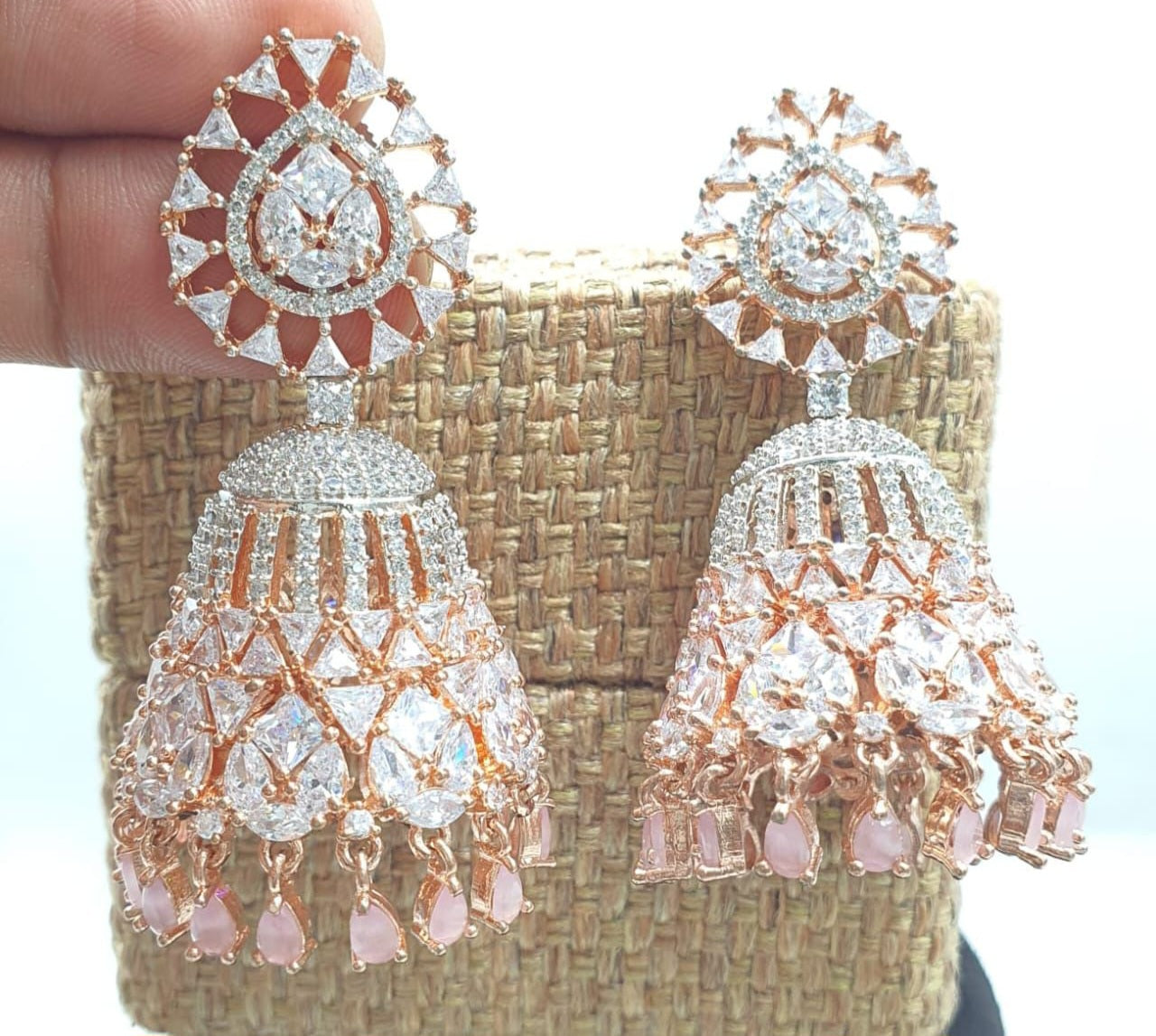 Trending Premium CZ Stone Jhumkas Earrings - Rose Gold