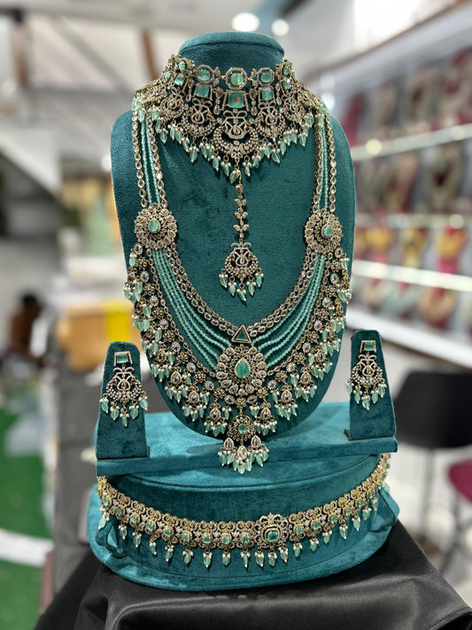 Trending Victorian Finish CZ Stone Full Bridal Set Choker, Necklace Set With Tika, Earrings and Hipbelt