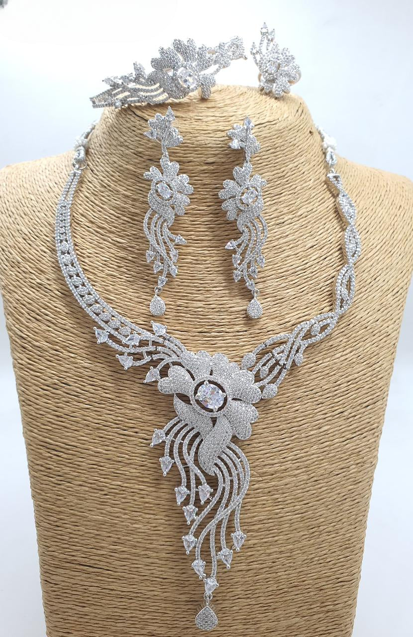 Trendy AD Stone Silver Necklace Set with Earrings,Bracelet and Ring