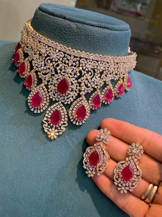 Trendy And Stylish GJ Polish CZ Stone Choker Necklace Set With Earrings