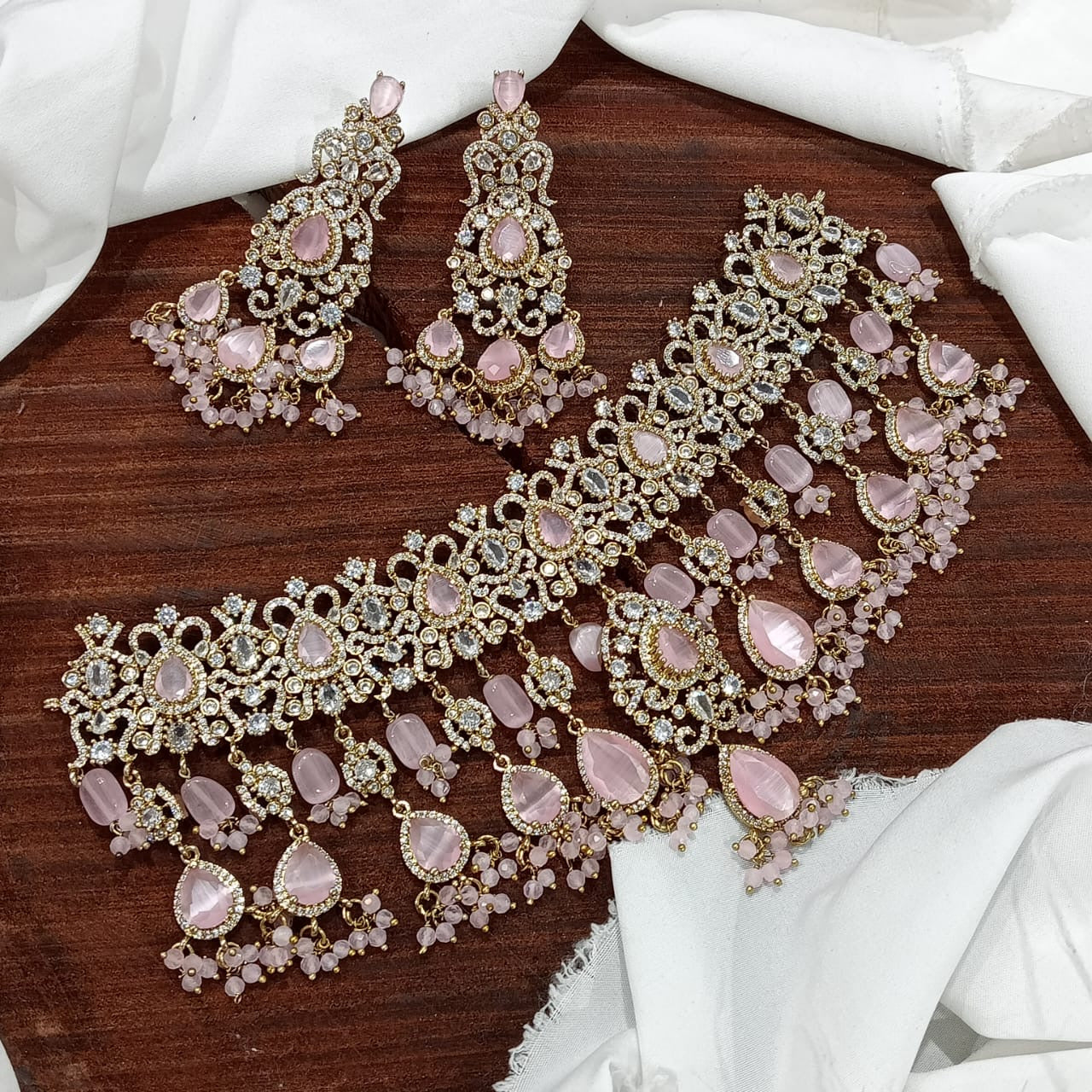Unique Victorian Polki Bridal Choker Necklace with Earrings- Purple, Green, White, Mint, Pink, Red