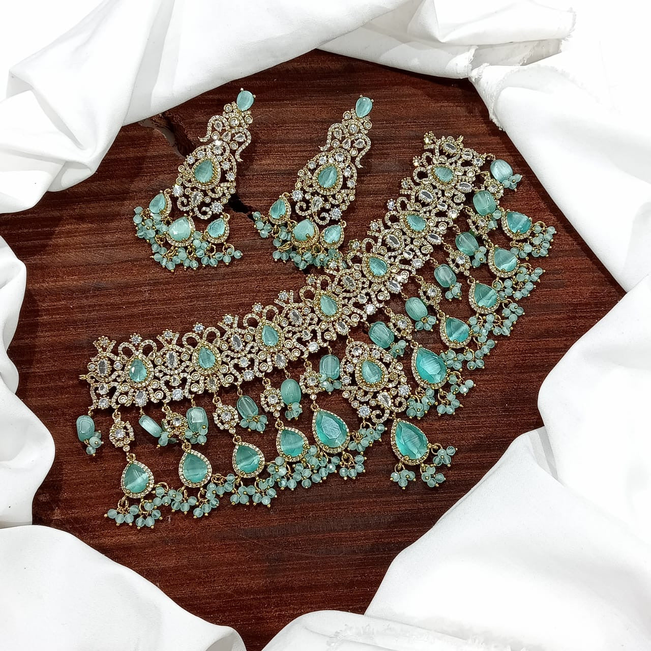 Unique Victorian Polki Bridal Choker Necklace with Earrings- Purple, Green, White, Mint, Pink, Red