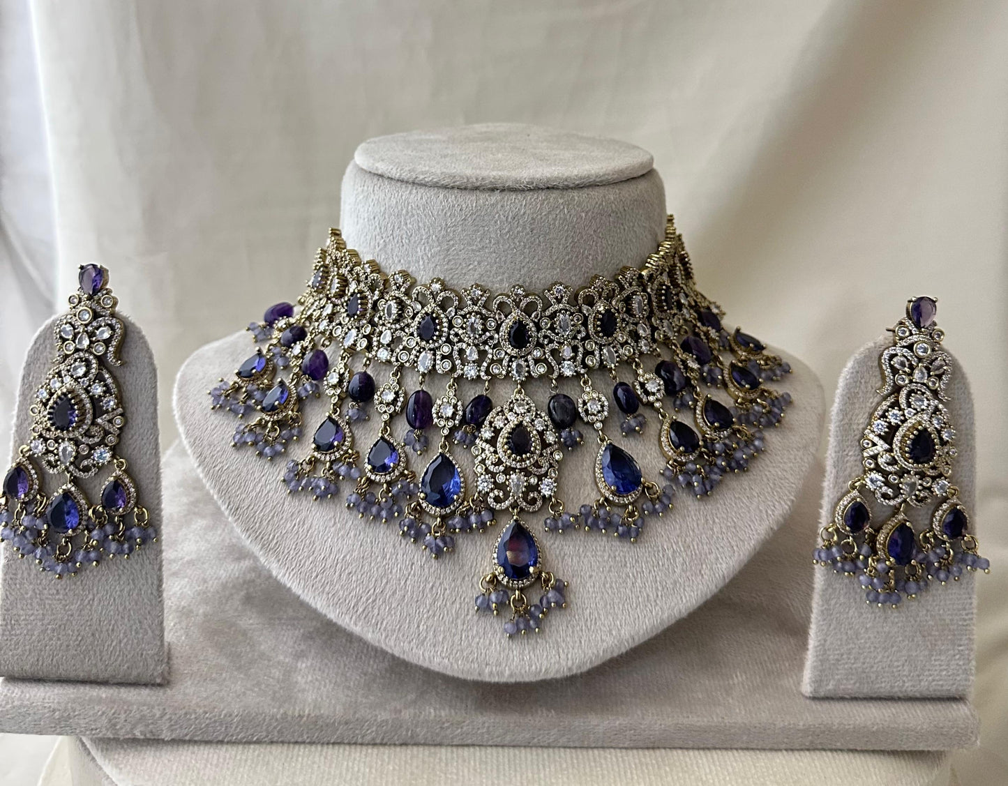 Unique Victorian Polki Bridal Choker Necklace with Earrings- Purple, Green, White, Mint, Pink, Red
