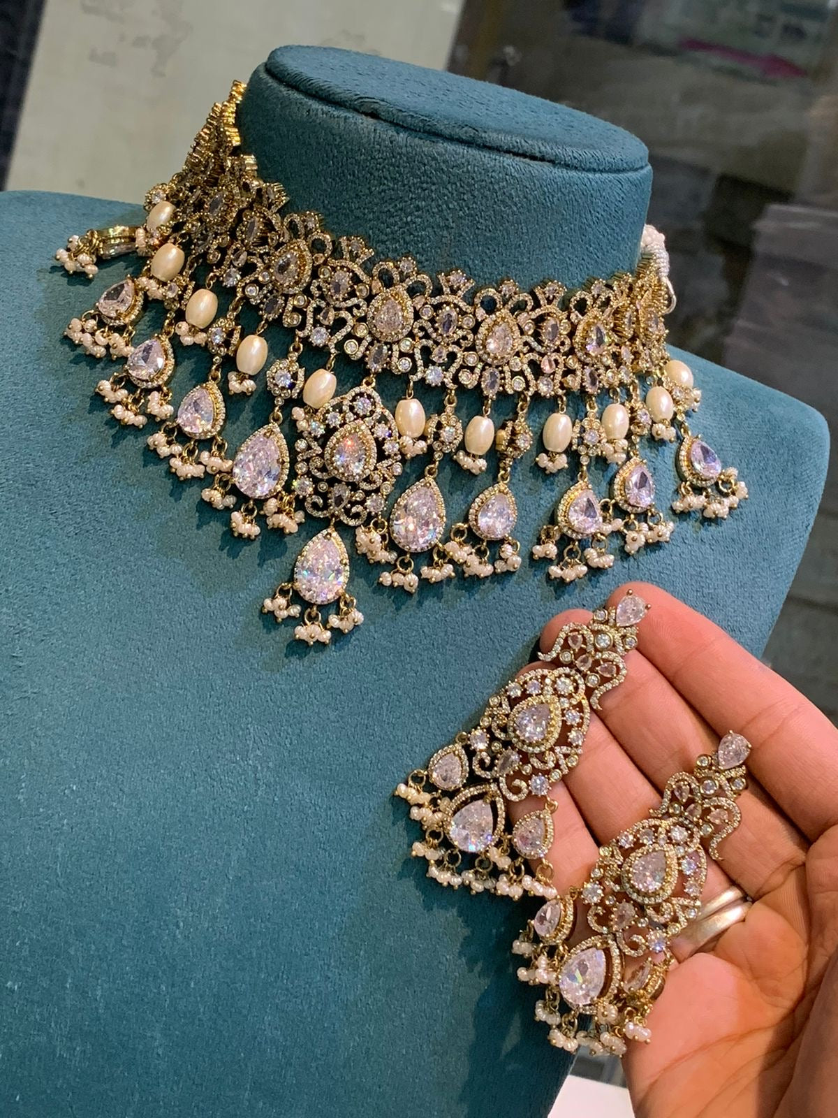 Unique Victorian Polki Bridal Choker Necklace with Earrings- Purple, Green, White, Mint, Pink, Red
