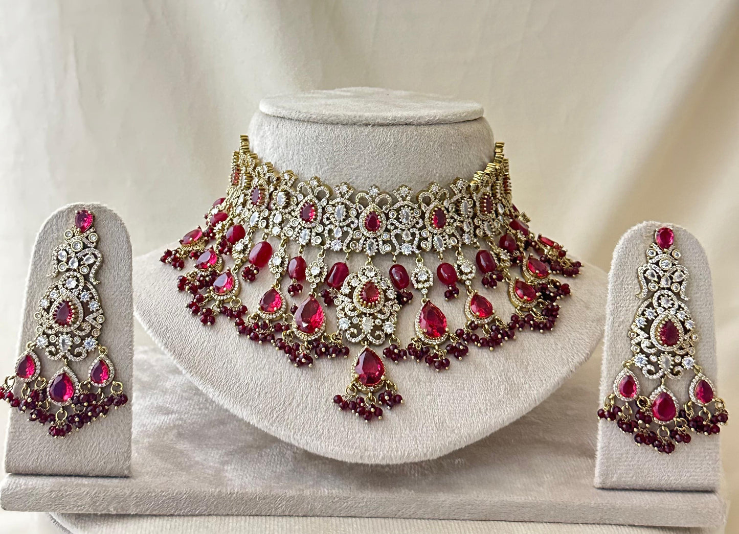 Unique Victorian Polki Bridal Choker Necklace with Earrings- Purple, Green, White, Mint, Pink, Red