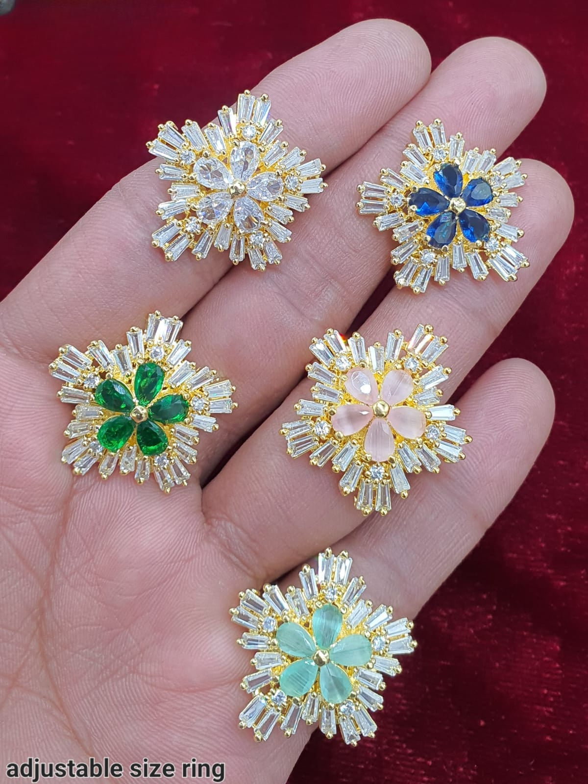 Partywear Adjustable Cocktail Flower Rings Designer Premium Quality Jewelry-Gold Finish
