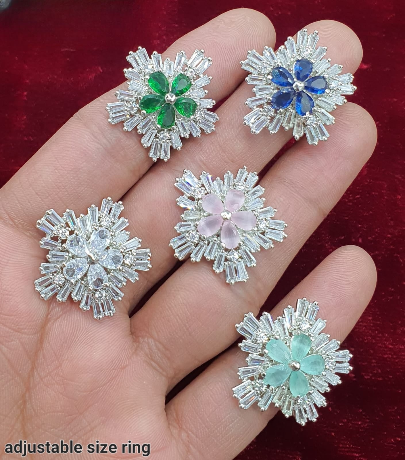 Partywear Adjustable Cocktail Flower Rings Designer Premium Quality Jewelry-Silver Finish